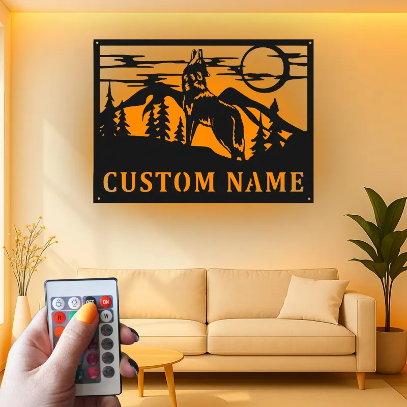 Insegna in metallo personalizzata con lupo che ulula e luce LED regalo per amante della natura decorazione per cabin o lodge