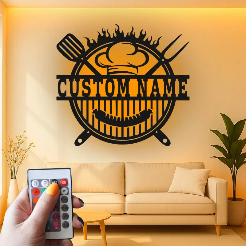 Insegna in metallo personalizzata con BBQ Grill e luce LED regalo personalizzato per maestro della griglia decorazione per cucina all'aperto