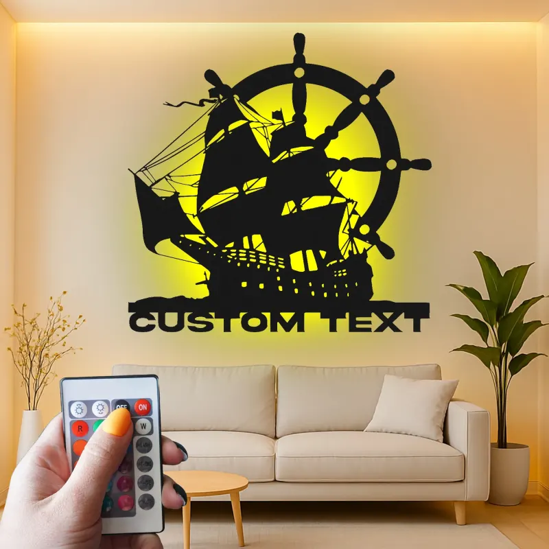 Pirate Ship LED Metal Wall Art | Custom Nautical Sign for Man Cave | Personalized Sailing Vessel Silhouette | Captain's Office Decor