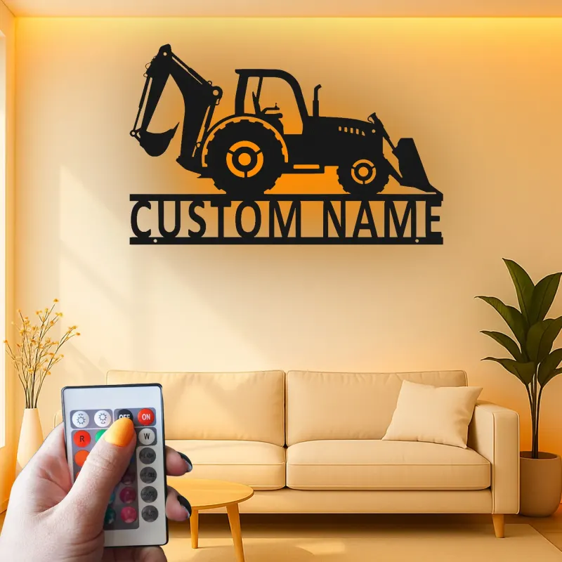 Custom Backhoe Tractor Led Light Metal Wall Art Personalized Gift for Construction Enthusiast Garage or Office Decor