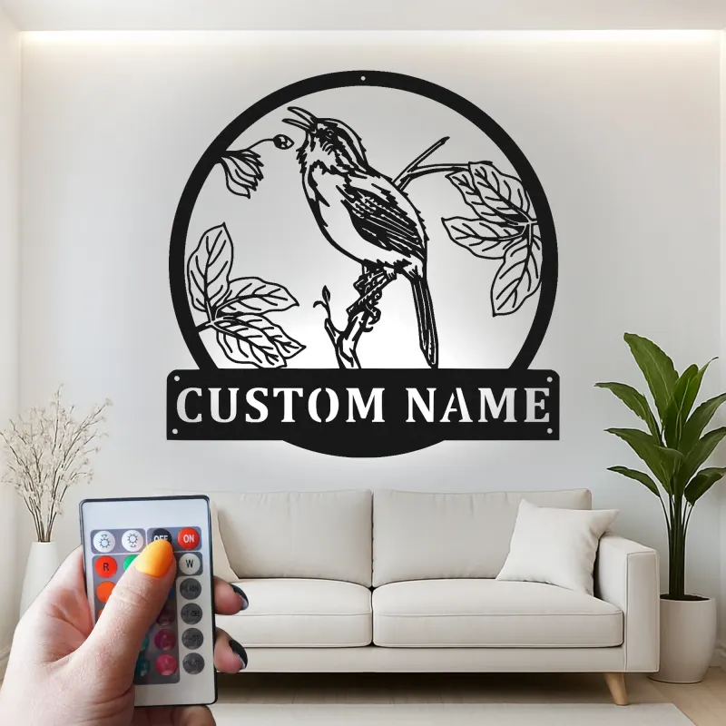Personalisiertes LED-beleuchtetes Metall-Wandkunst mit Vogel und Zweig – Geschenk für Naturfreunde, Garten- oder Terrassendekor