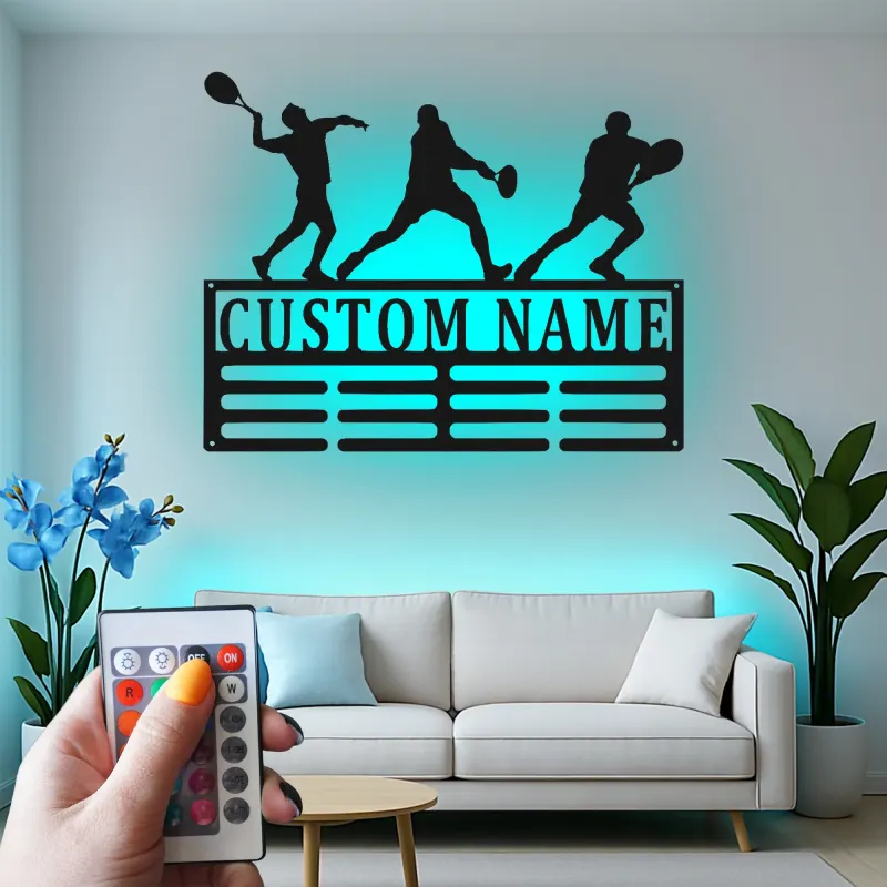 Insegna in metallo personalizzata per giocatore di tennis | Arte murale LED con nome personalizzato | Decorazione per stanza sportiva per atleta, allenatore