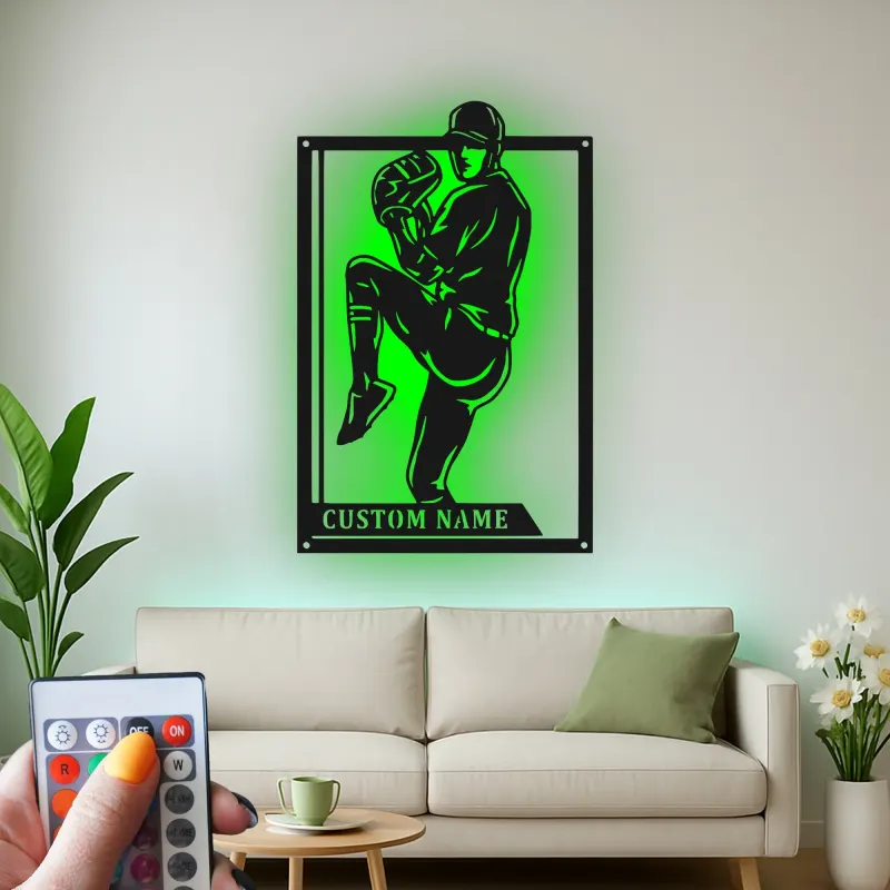 Insegna in metallo personalizzata con luce LED per lanciatore di baseball - Regalo sportivo personalizzato per atleti e decorazione per sala giochi
