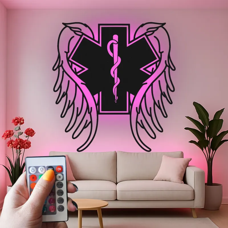 Insegna LED Star of Life | Arte in metallo personalizzata per EMT e paramedici | Simbolo medico con ali d'angelo | Regalo per primo soccorritore e decorazione per cliniche