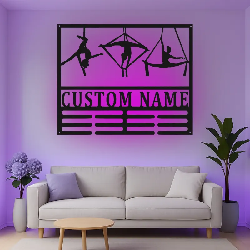 Insegna in metallo personalizzata con silhouette aerea e luce LED - Regalo per ginnasti, decorazione per studio o casa