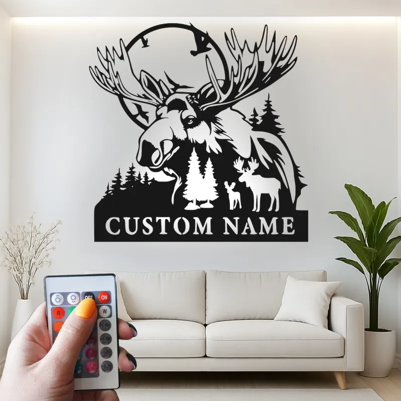 Custom Moose Family Sign | LED Lighted Metal Wall Art | Rustic Cabin Decor | Personalized Lodge Signage | Outdoorsman Gift