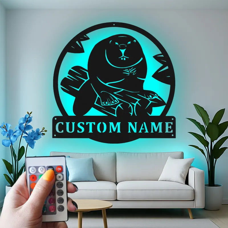 Personalisiertes LED-beleuchtetes Biber-Metallschild - Geschenk für Naturliebhaber, Hütten-Dekor
