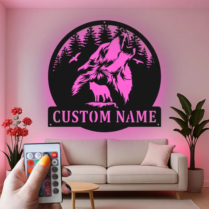 Décoration murale en métal personnalisée de loup hurlant avec rétroéclairage LED - Cadeau personnalisé pour les amoureux de la nature - Décor de cabane rustique