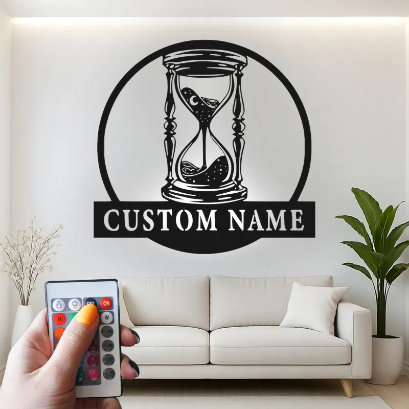 Insegna LED con Clessidra Personalizzata | Arte Murale in Metallo Personalizzata per Ufficio e Studio | Decorazione Retro con Timer di Sabbia