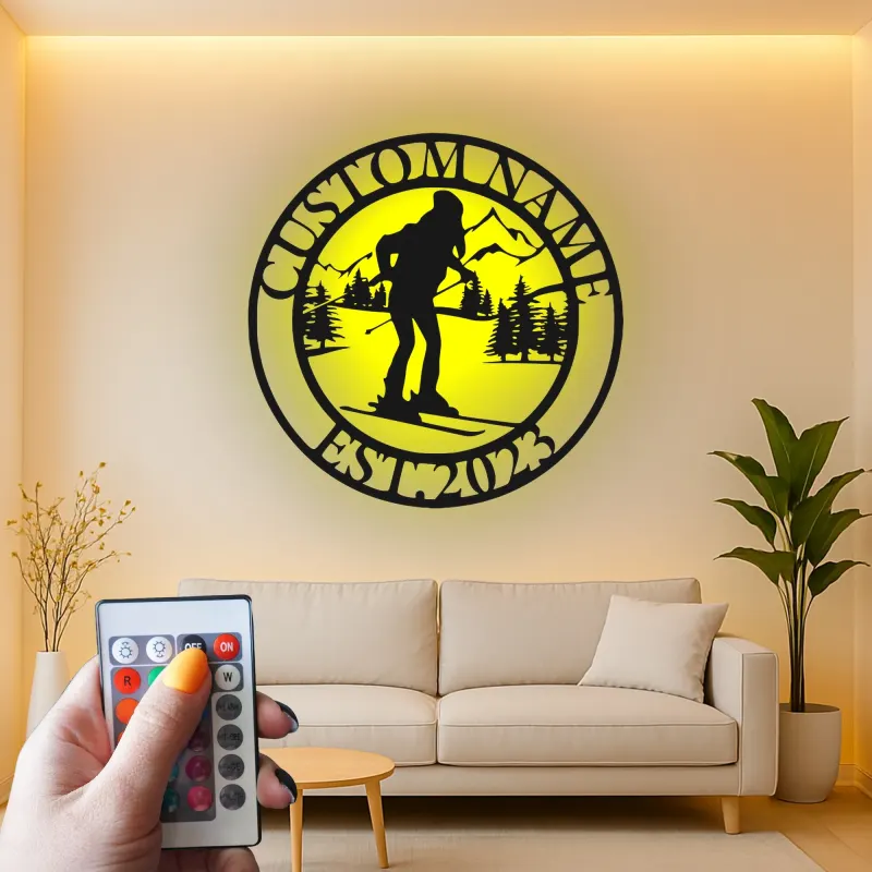 Custom Skier Metal Wall Art | Personalized LED Ski Lodge Sign | Mountain Silhouette Decor | Winter Sports Gift