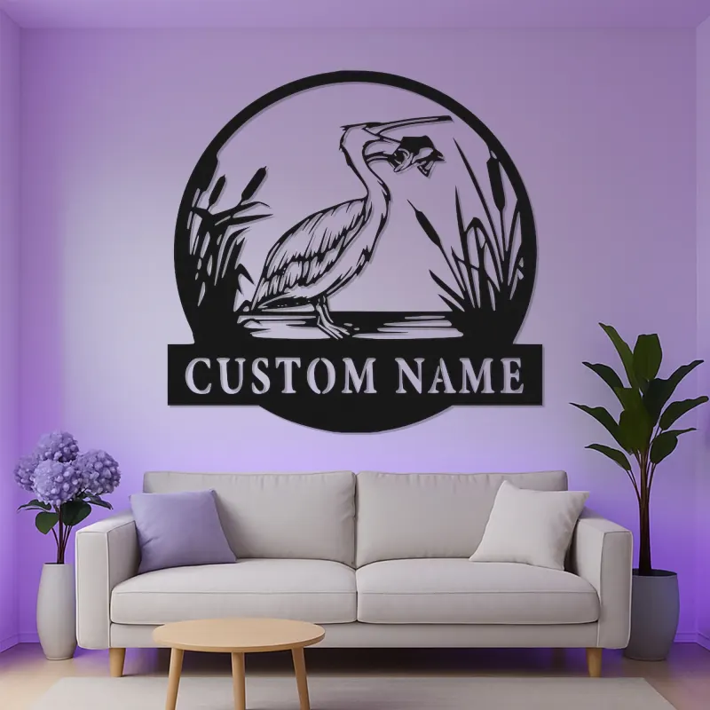 Insegna in metallo personalizzata con Airone e luci LED | Arte murale di fauna selvatica personalizzata | Decorazione per casa al lago e patio esterno