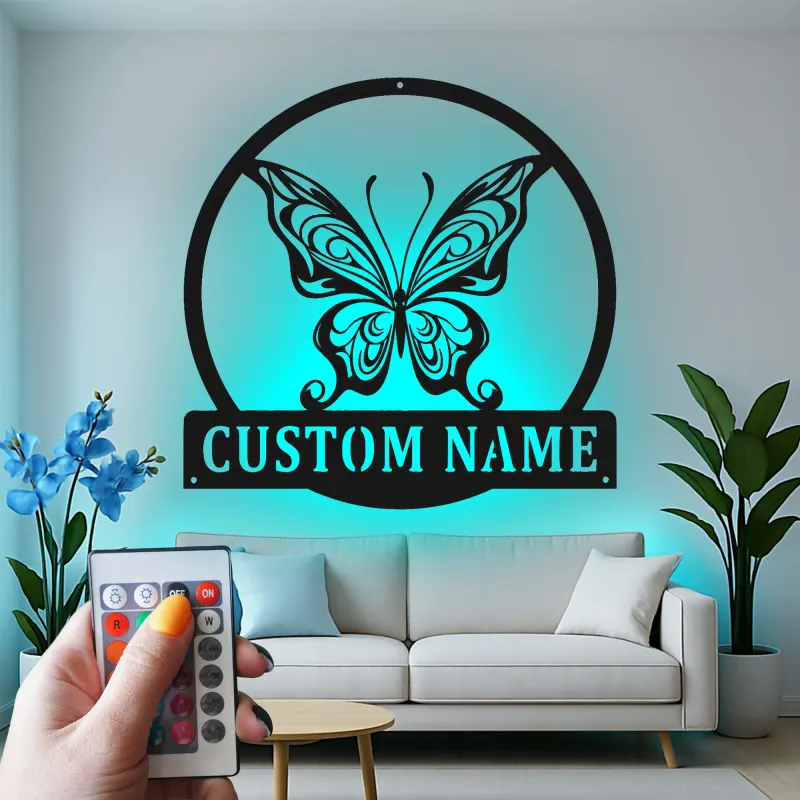 Insegna in metallo personalizzata con farfalla e luce LED, regalo per amanti della natura per decorare la camera da letto o il soggiorno