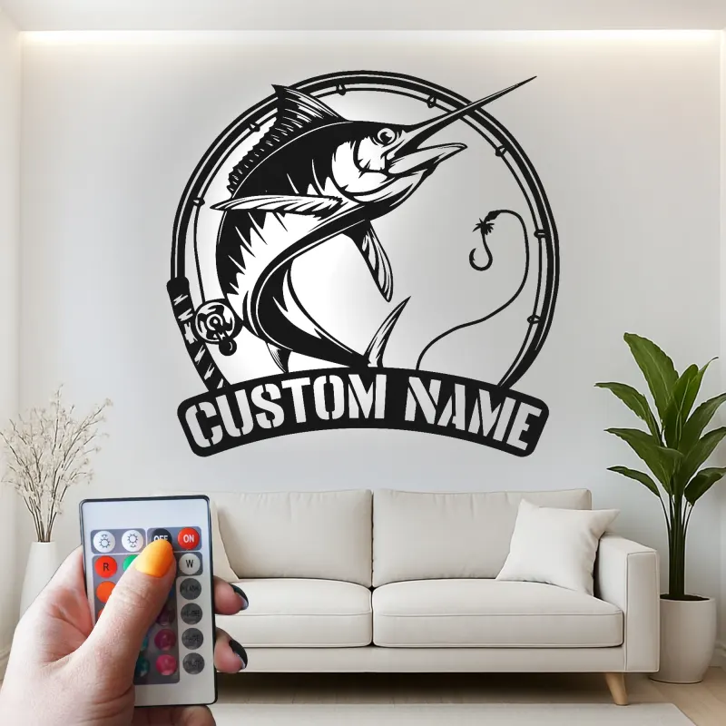 Décoration murale en métal Marlin Fish avec LED | Cadeau personnalisé pour pêcheur | Décor nautique pour man cave | Enseigne de pêche sportive