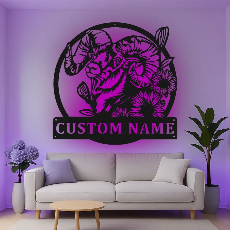 Custom Ram Led Light Metal Wall Art Personalized Gift for Nature Lovers Rustic Home Decor