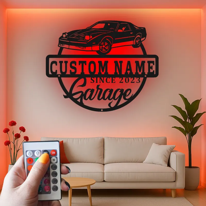 Cartel de metal LED personalizado para garaje con coche, regalo personalizado para entusiastas de coches, decoración mural de garaje 2