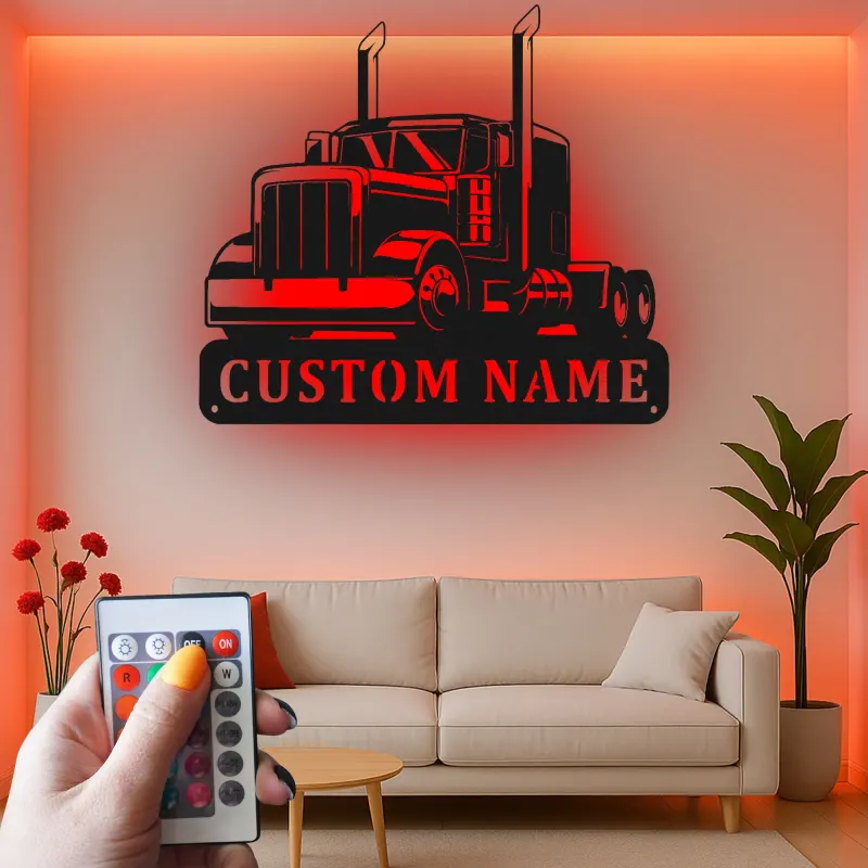 Personalisierte Semi-Truck LED-Schild | Individuelle Metall-Wandkunst für Garage | Big Rig Dekor für Trucker