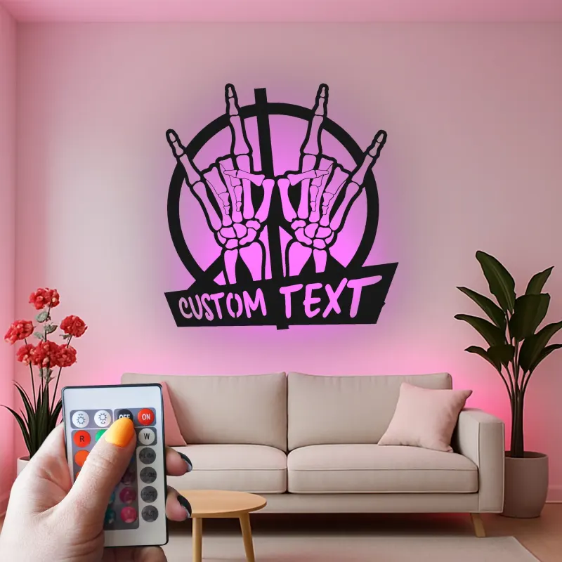 Insegna Rock On con Mani Scheletriche | Arte in Metallo LED Personalizzata | Targa per Amanti della Musica e Decorazione Gotica