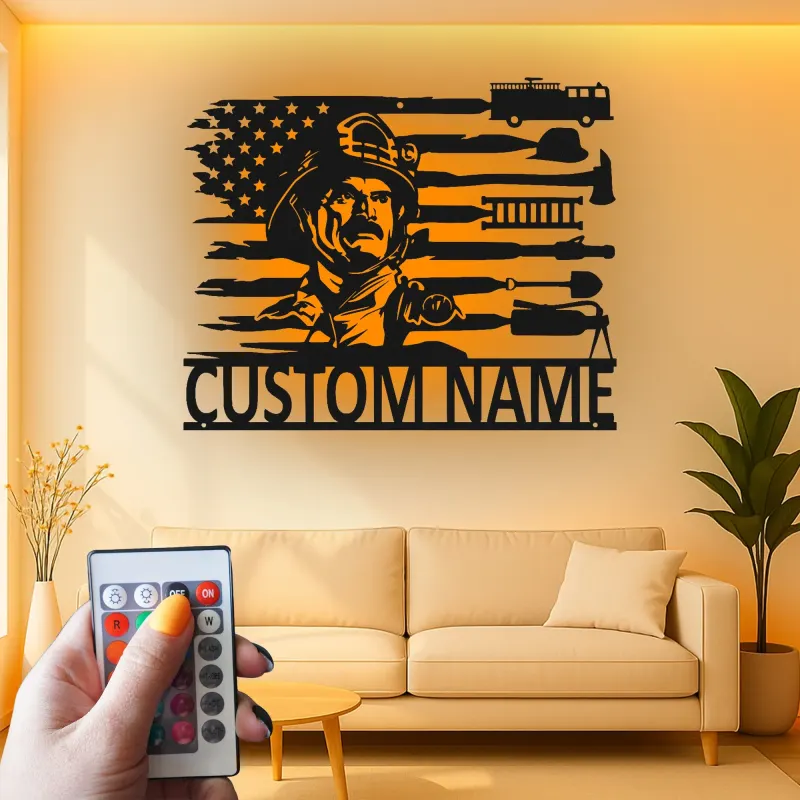 Cartel de Metal de Bombero Personalizado con LED | Arte Mural LED Patriótico de Bandera Americana para Regalo de Bombero