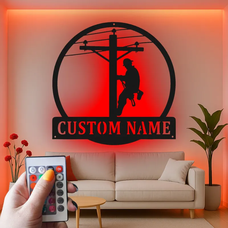 Arte da Parete in Metallo LED per Lineman | Insegna Personalizzata per Lavoratore di Pubblica Utilità | Regalo Personalizzato per Elettricista per Garage | Decorazione per Man Cave