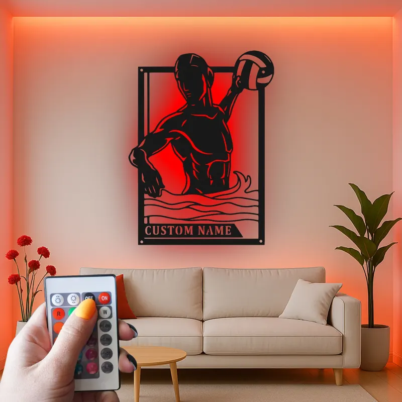 Custom Water Polo Player Led Light Metal Wall Art Personalized Sports Gift for Athletes Game Room Decor