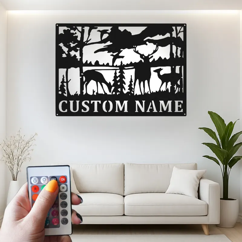 Décoration murale en métal personnalisée avec éclairage LED de forêt de cerfs - Cadeau pour les amoureux de la nature, décoration de chalet ou de pavillon