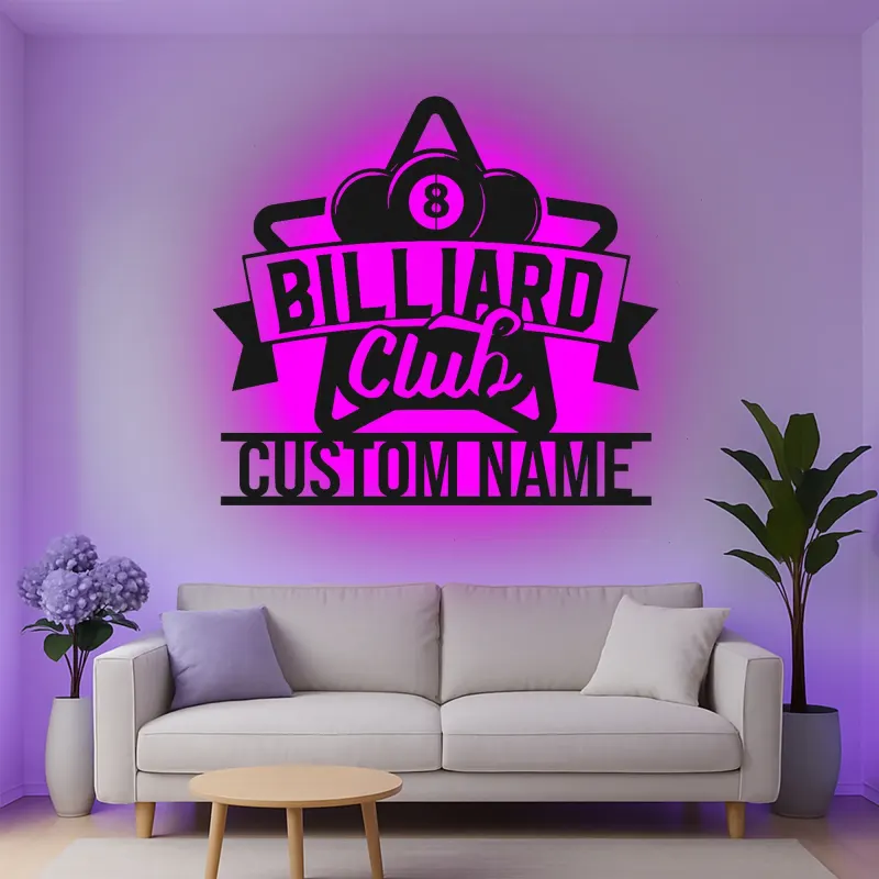 Custom Billiard Club Led Light Metal Wall Art Personalized Gift for Pool Players Game Room Decor