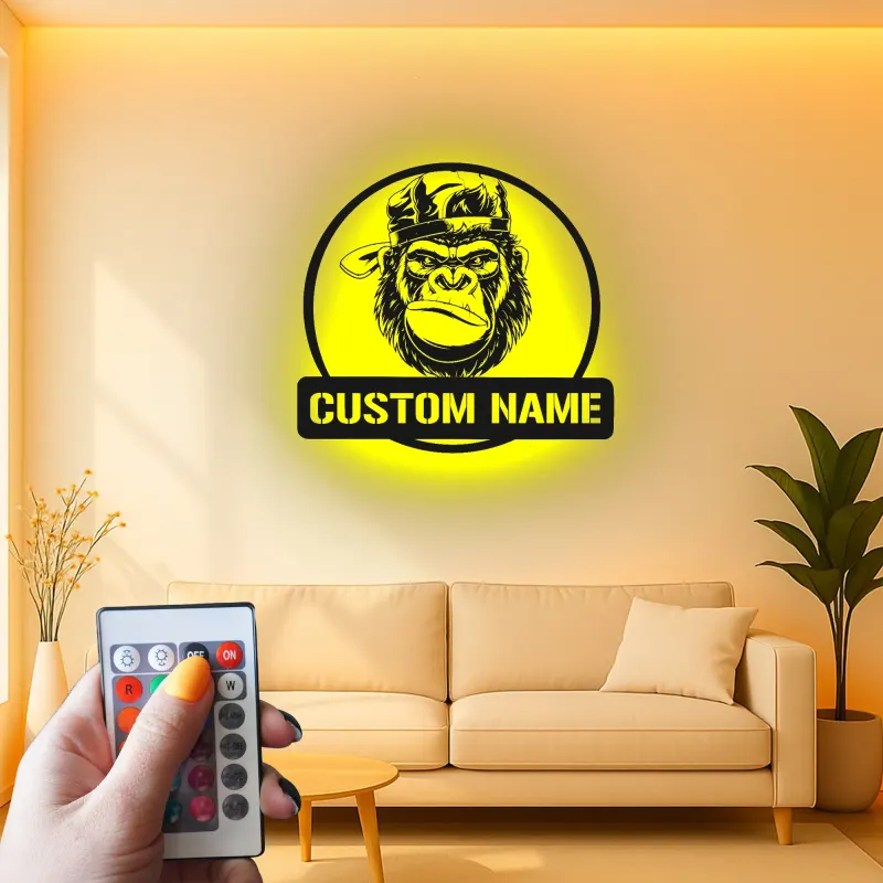 Decoración mural de metal LED con gorila | Cartel personalizado con nombre para sala de hombres | Decoración selvática y de fauna a medida para él