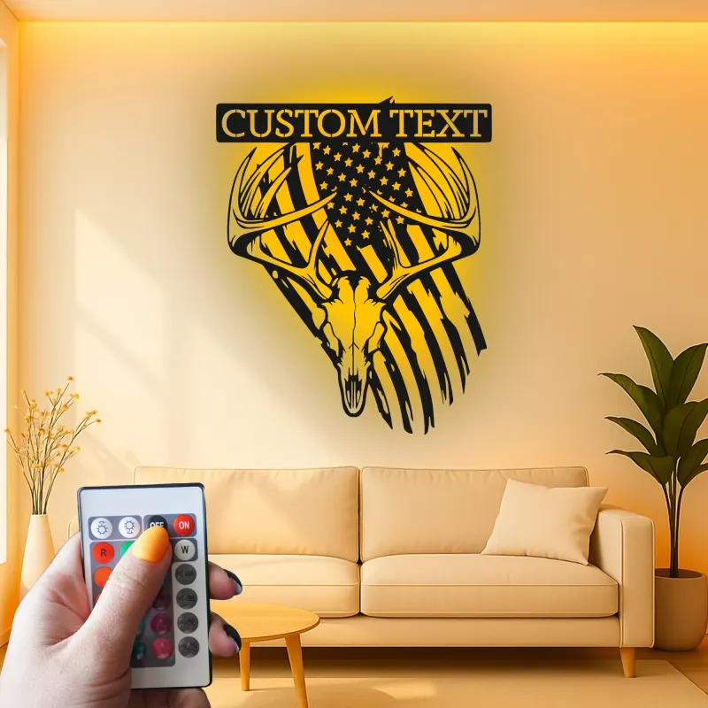 Custom Deer Skull with American Flag Led Light Metal Wall Art Personalized Gift for Hunter Rustic Man Cave Decor