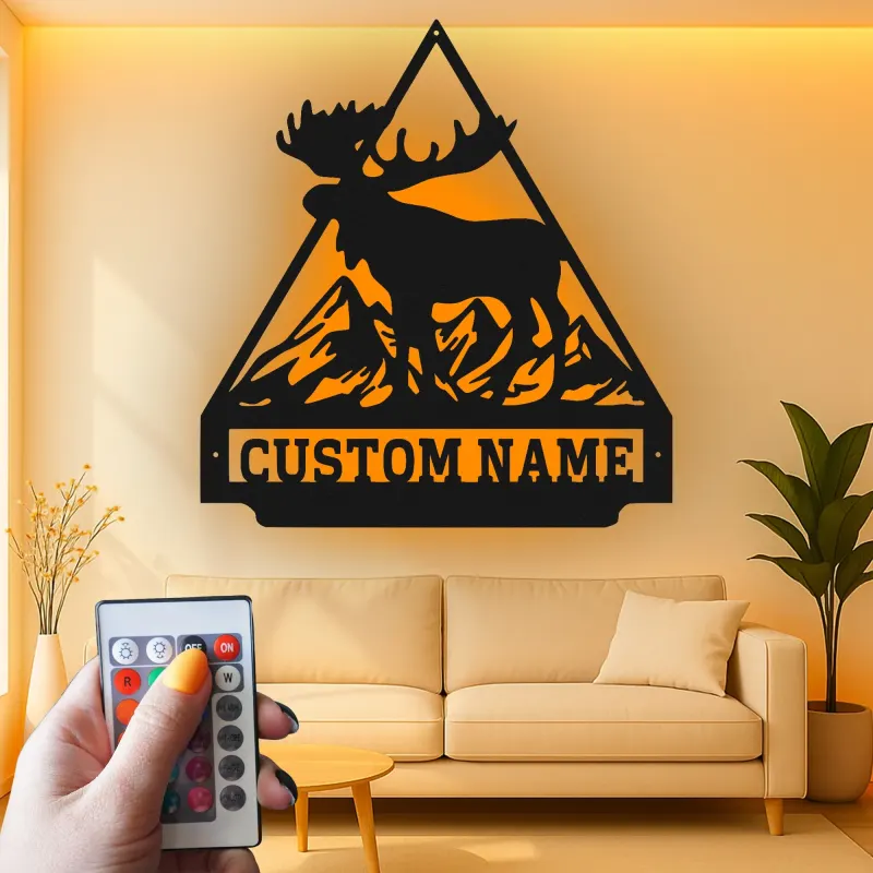 Custom Moose Mountain Led Light Metal Wall Art Personalized Cabin Gift Rustic Lodge Decor