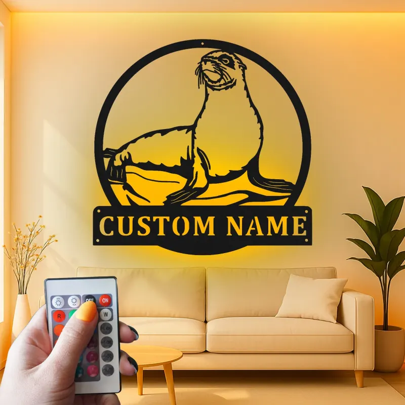 Custom Sea Lion Metal Wall Art | LED Light Nautical Decor | Personalized Ocean Lover Gift | Marine Life Name Sign