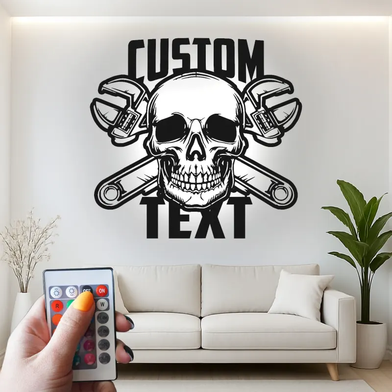 Mechanic Skull LED Sign | Custom Metal Wall Art for Garage | Personalized Man Cave Decor | Biker Bar & Workshop Gift Idea