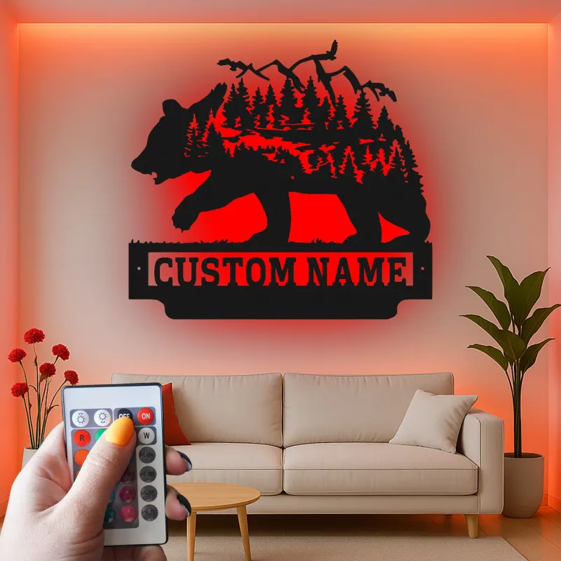 Décoration murale en métal personnalisée avec éclairage LED Forêt d'Ours Cadeau pour Amateurs de Nature Décor de Cabane 1