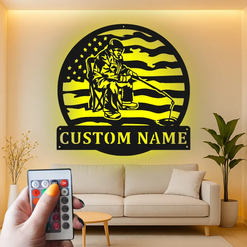 Décoration murale LED en métal pour pêche sur glace | Plaque personnalisée drapeau américain | Cadeau prénom personnalisé pour chalet ou maison au bord du lac