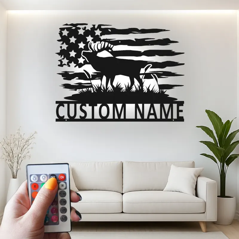 Décoration murale en métal personnalisée avec cerf et drapeau américain, éclairage LED, cadeau personnalisé pour chasseurs, décoration de cabane rustique 6