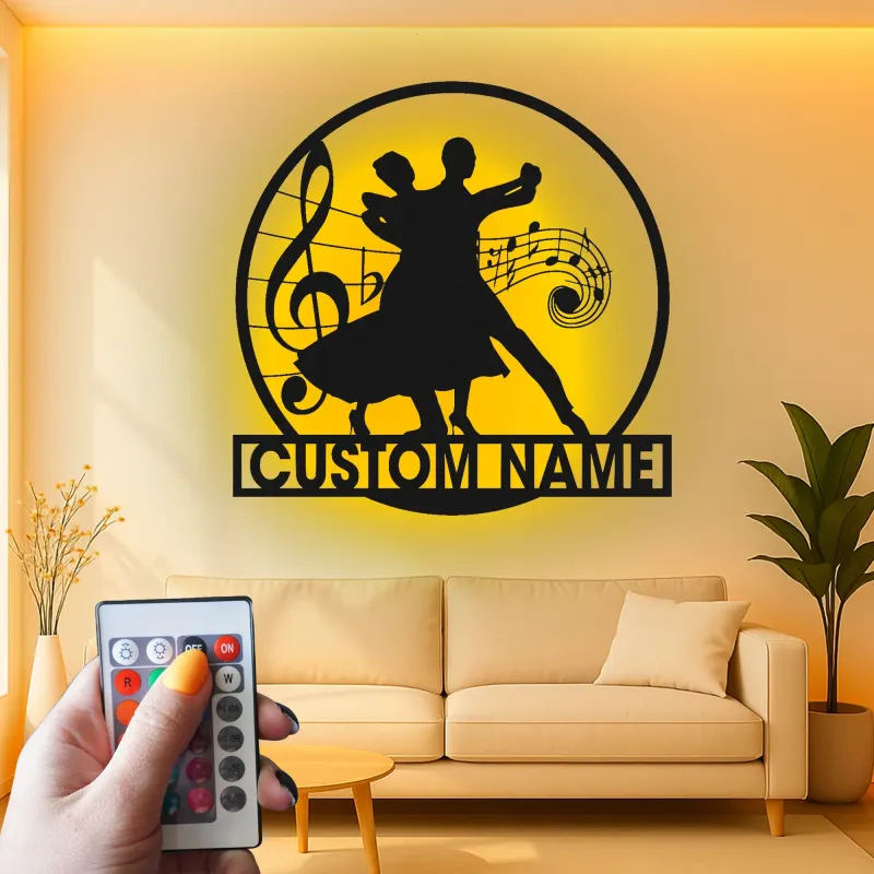 Cartel de metal personalizado de pareja de baile de salón con luz LED regalo para amantes de la danza decoración de estudio o salón