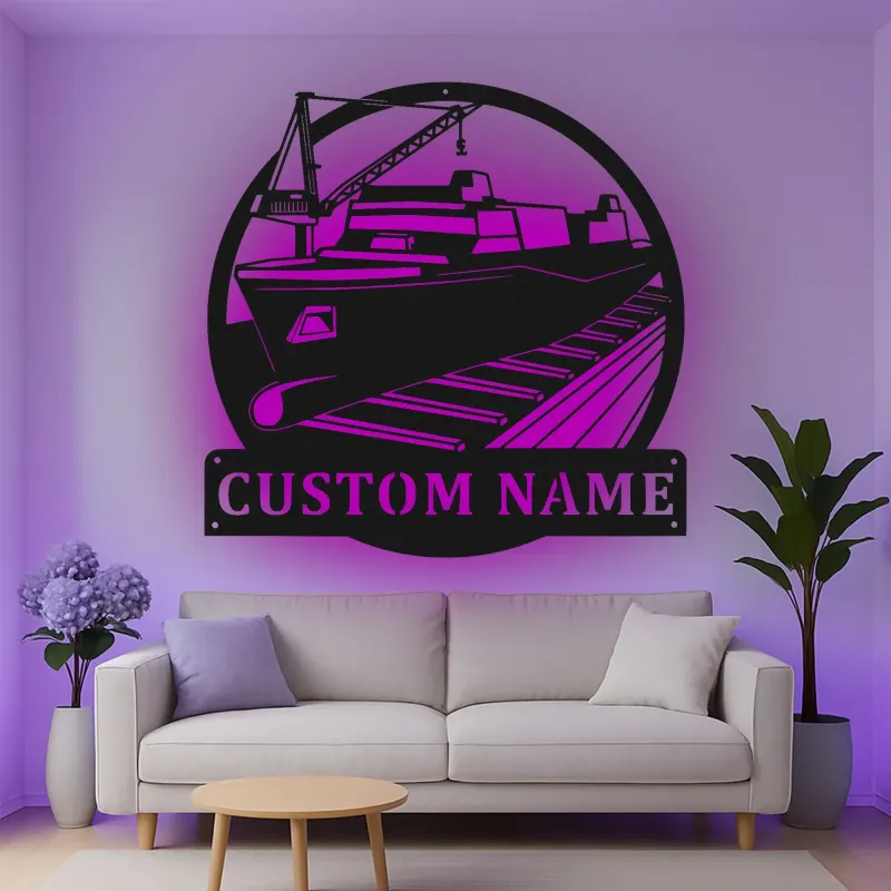 Décoration murale en métal LED personnalisée Grue de chantier - Cadeau nautique pour marins - Décor pour bureau ou cave à vin