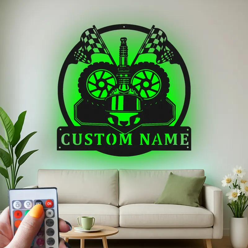Personalized Racing Helmet Metal Sign | LED Light Wall Art for Garage | Custom Motorsport Decor | Gift for Racer