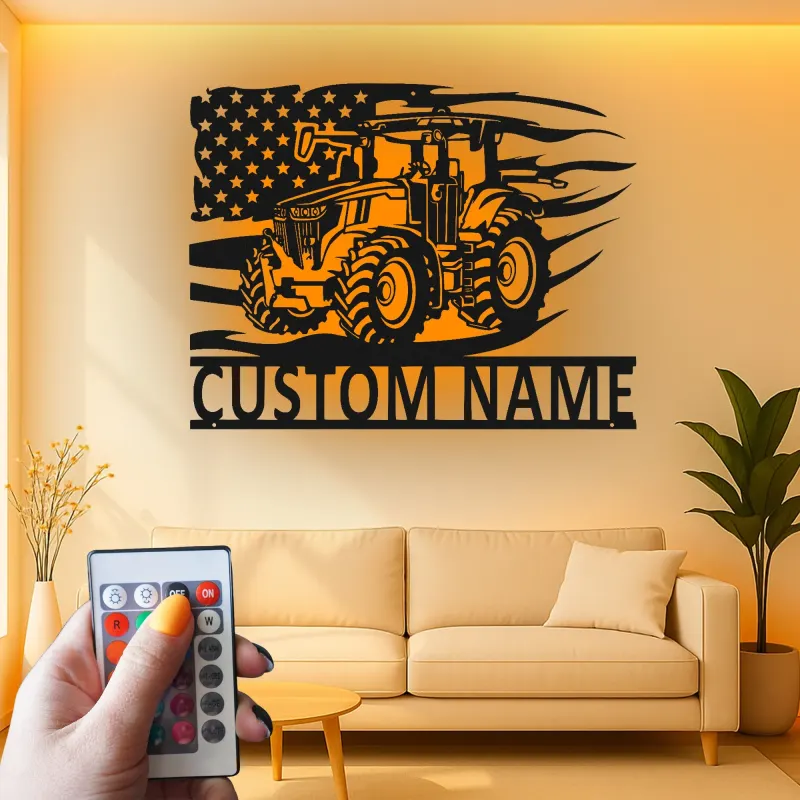 Décoration murale en métal personnalisée avec tracteur et drapeau américain en rétroéclairage - Cadeau pour agriculteur - Décor rustique de ferme