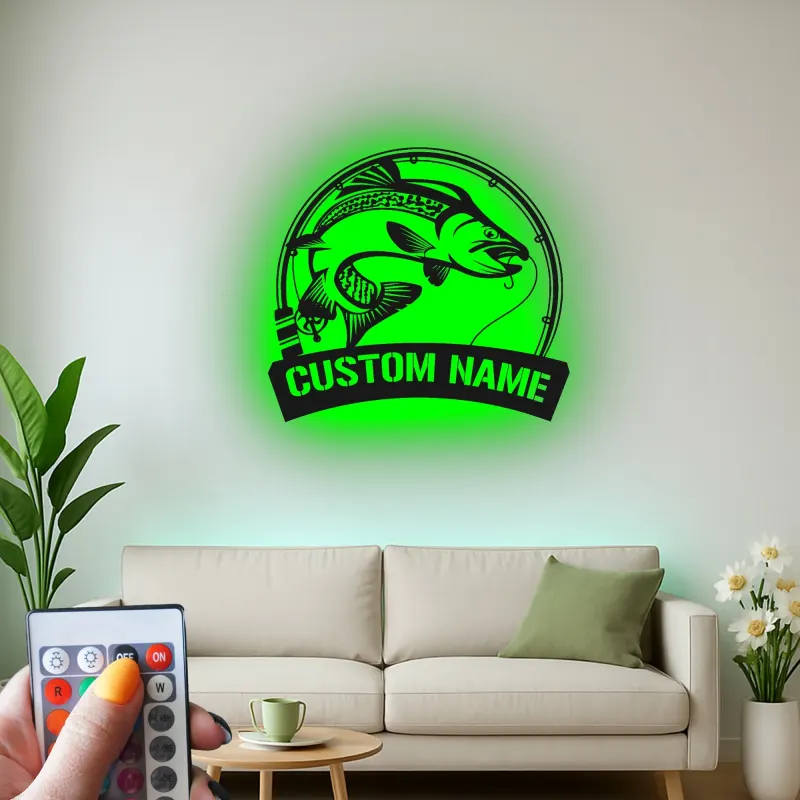 Panneau de pêche personnalisé avec LED | Décoration murale en métal sur mesure de bar | Déco prénom de pêcheur pour maison de lac et chalet