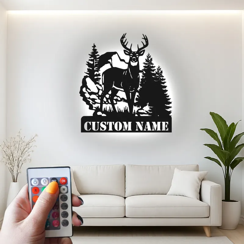 Décoration murale en métal personnalisée avec éclairage LED de forêt de cerfs - Cadeau pour les amoureux de la nature, décoration de chalet ou de pavillon 1