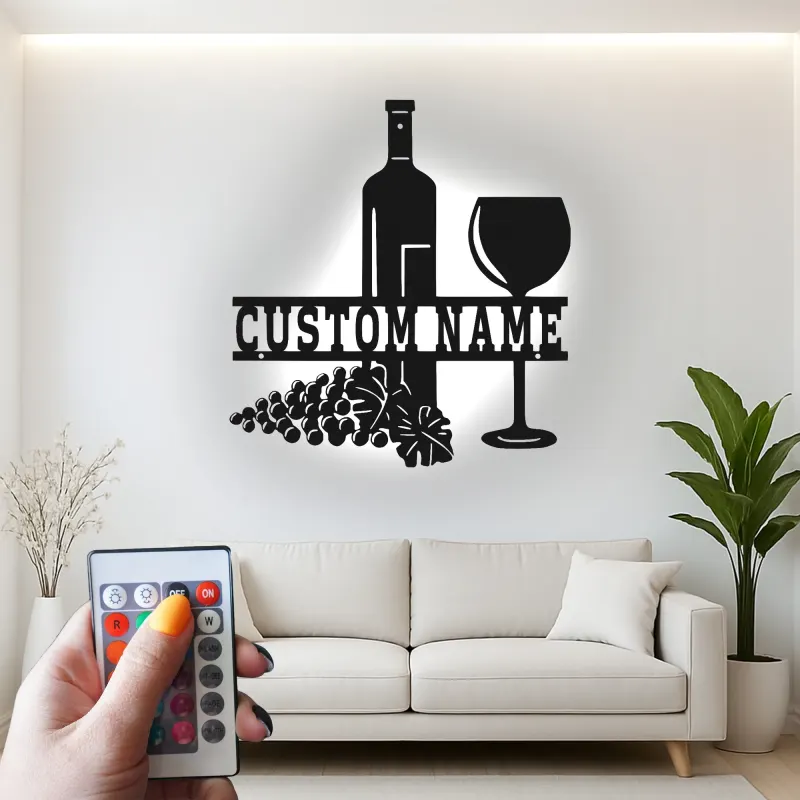 Décoration murale en métal personnalisée pour bouteille et verre de vin avec rétroéclairage LED - Cadeau personnalisé pour les amateurs de vin - Décor de cuisine ou de bar
