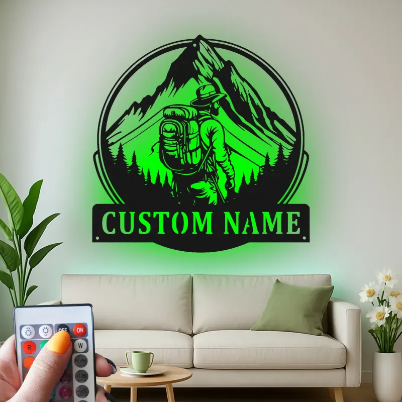 Custom Hiker Metal Wall Art | Personalized LED Light Sign for Mountain Decor | Outdoor Adventure Gift for Nature Lovers