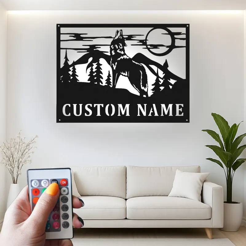 Insegna in metallo personalizzata con lupo che ulula e luce LED regalo per amante della natura decorazione per cabin o lodge