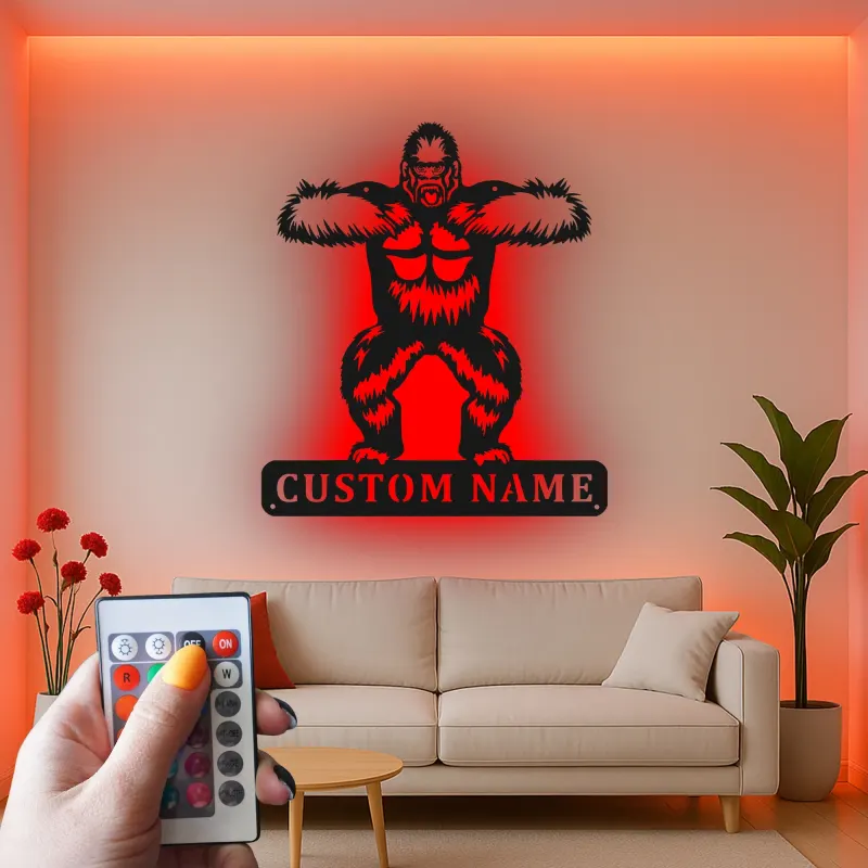 Personalisiertes Gorilla-Metallschild | Individuelle LED-Wandkunst | Man Cave Dekor & Geschenk für Tierliebhaber | Gym Namensschild