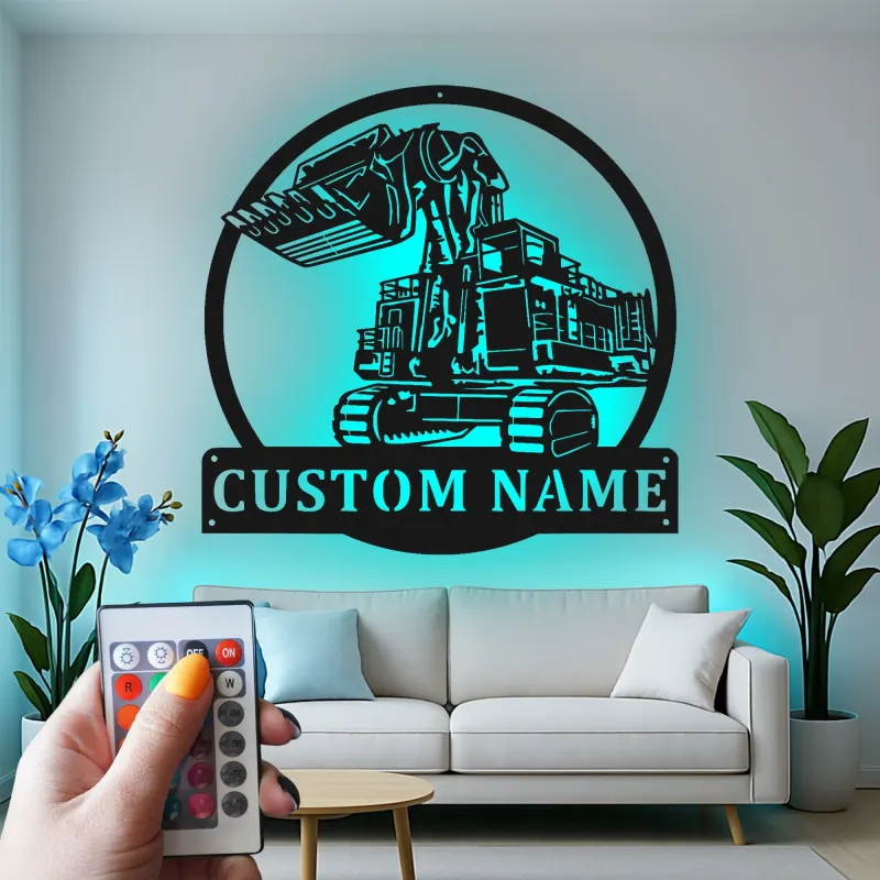 Panneau métallique personnalisé d’excavatrice | Décoration murale LED rétroéclairée | Cadeau pour ouvrier du bâtiment | Déco d’engin de chantier pour chambre de garçon