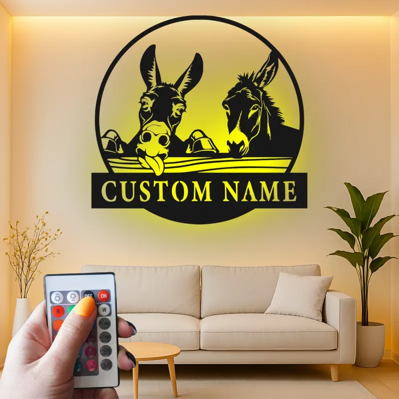 Custom Donkey Duo Led Light Metal Wall Art Personalized Farmhouse Gift Rustic Home Decor for Animal Lovers