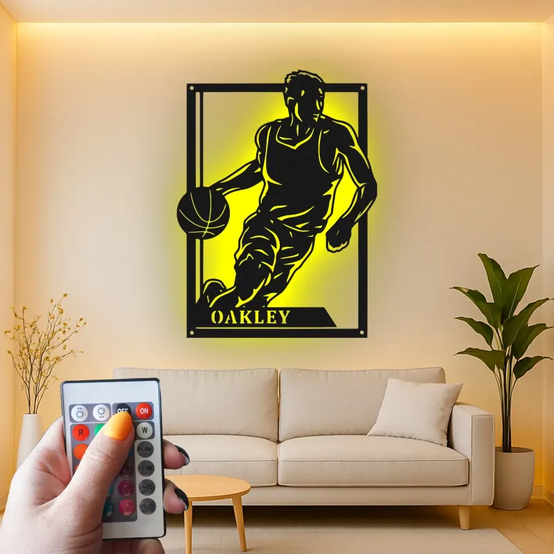 Custom Basketball Player Led Light Metal Wall Art Personalized Sports Gift for Athletes Game Room Decor
