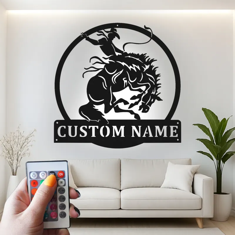 Custom Rodeo Cowboy Led Light Metal Wall Art Western Gift for Him Man Cave Rustic Decor
