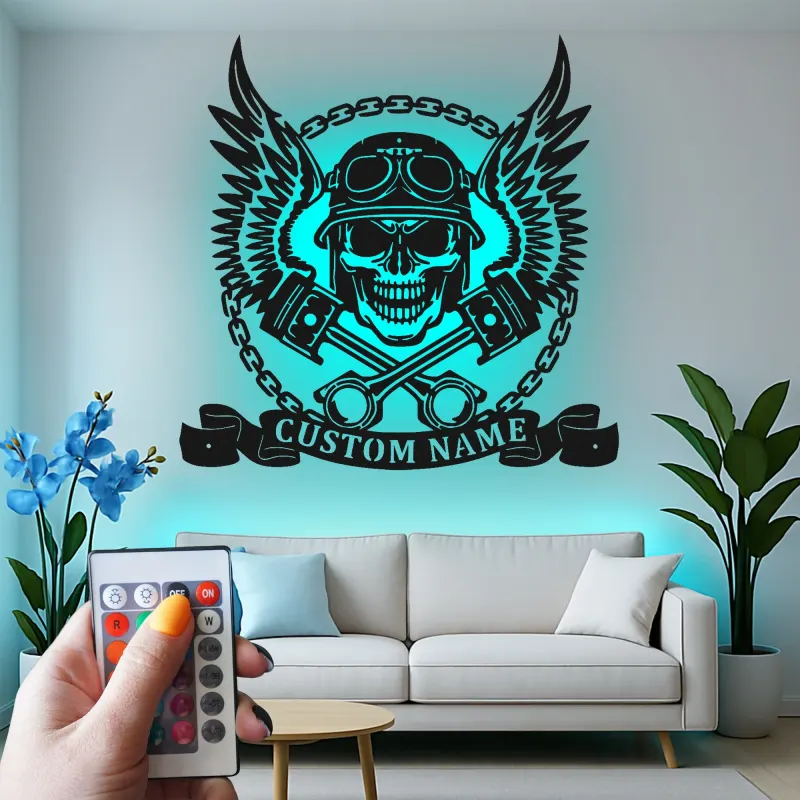 Cartel de garaje personalizado para moteros | Arte mural de calavera de metal LED | Decoración personalizada para motocicletas en el man cave o taller