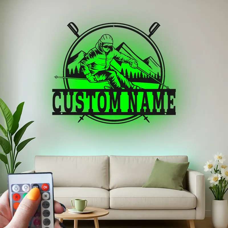 Personalisierte LED-beleuchtete Metall-Wandkunst für Skifahrer – Einzigartiges Geschenk für Ski-Enthusiasten im Berg-Lodge-Dekor